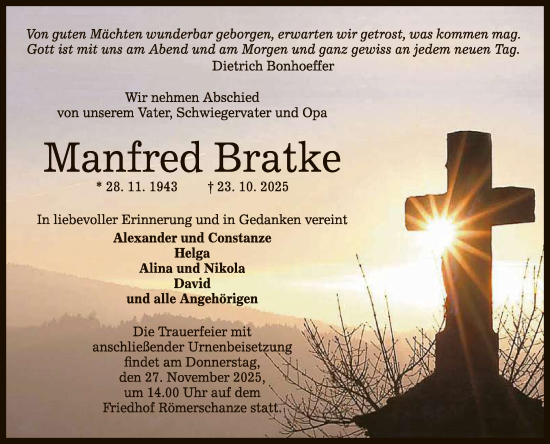 Anzeige von Manfred Bratke von Reutlinger General-Anzeiger