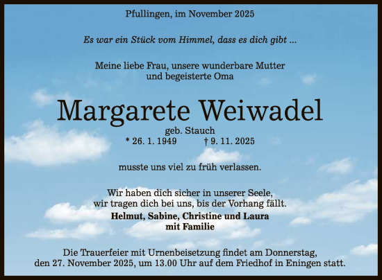 Anzeige von Margarete Weiwadel von Reutlinger General-Anzeiger