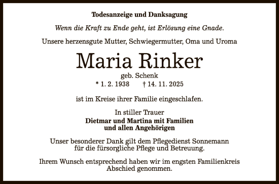 Anzeige von Maria Rinker von Reutlinger General-Anzeiger
