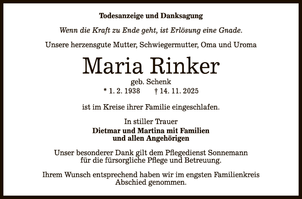  Traueranzeige für Maria Rinker vom 22.11.2025 aus Reutlinger General-Anzeiger