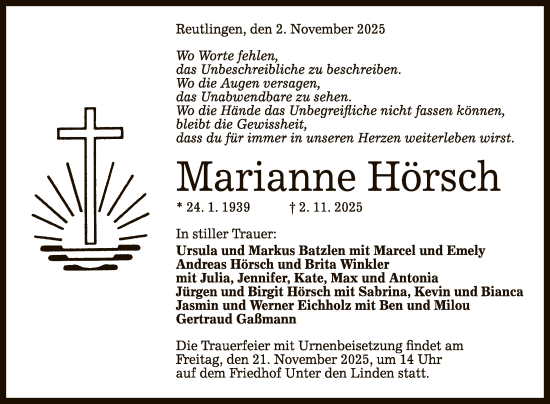 Anzeige von Marianne Hörsch von Reutlinger General-Anzeiger