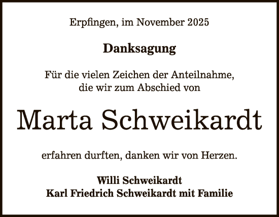 Anzeige von Marta Schweikardt von Reutlinger General-Anzeiger