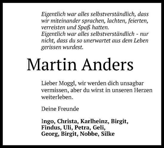 Anzeige von Martin Anders von Reutlinger General-Anzeiger