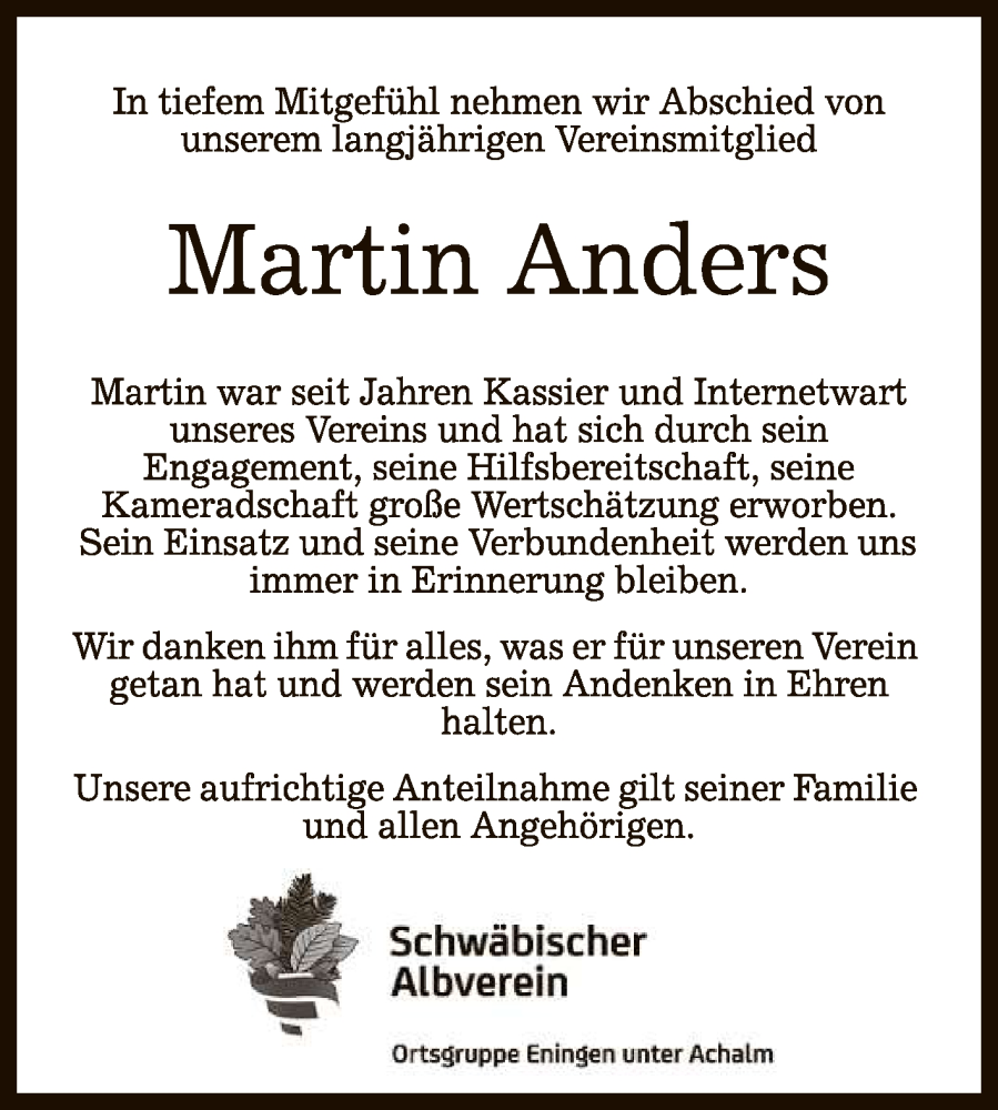  Traueranzeige für Martin Anders vom 27.11.2025 aus Reutlinger General-Anzeiger