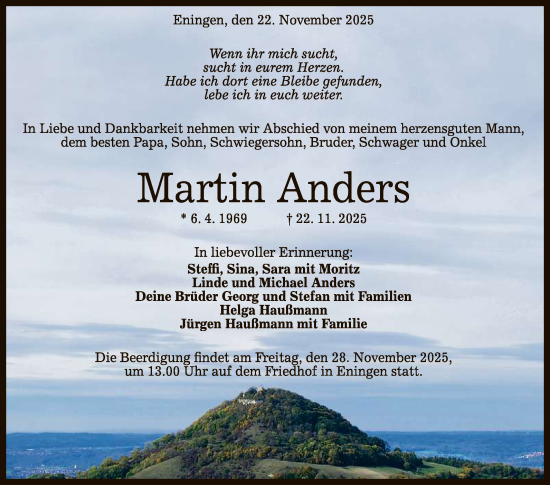Anzeige von Martin Anders von Reutlinger General-Anzeiger