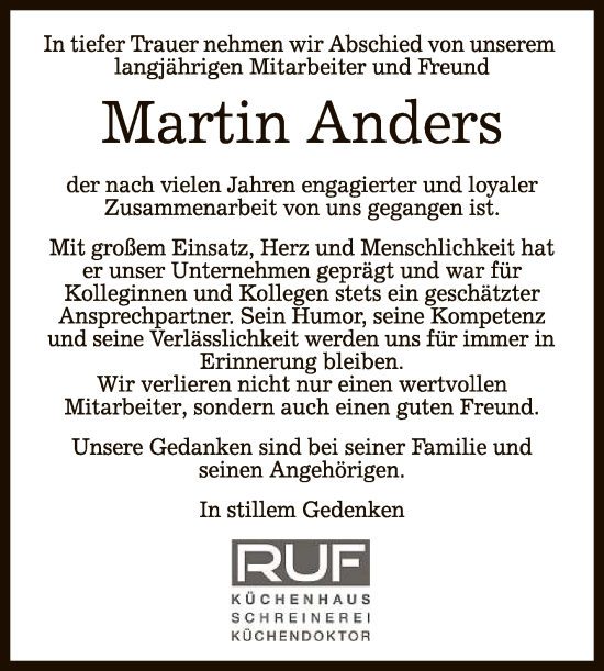 Anzeige von Martin Anders von Reutlinger General-Anzeiger