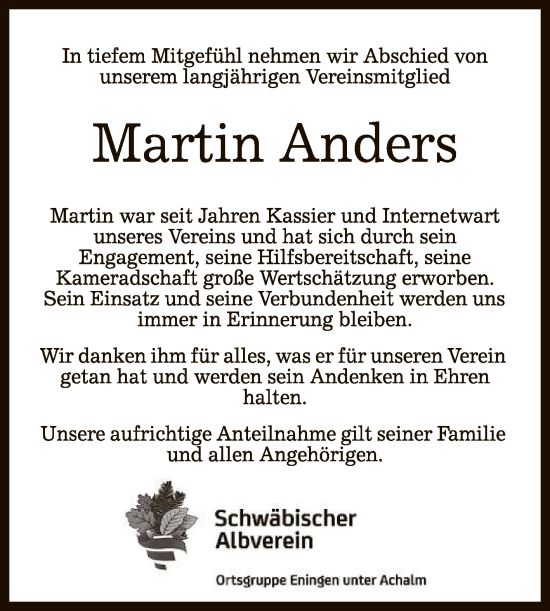 Anzeige von Martin Anders von Reutlinger General-Anzeiger