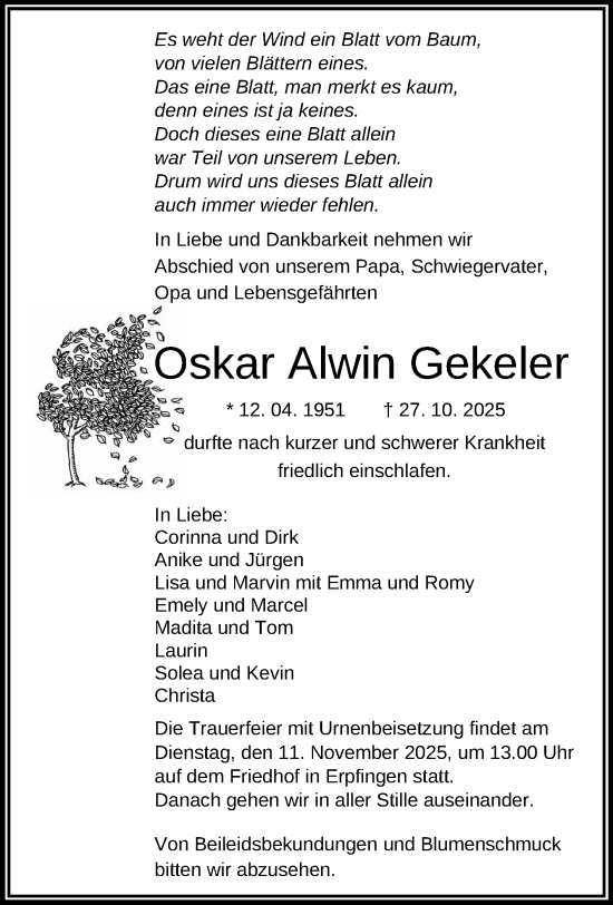 Anzeige von Oskar Alwin Gekeler von Reutlinger General-Anzeiger