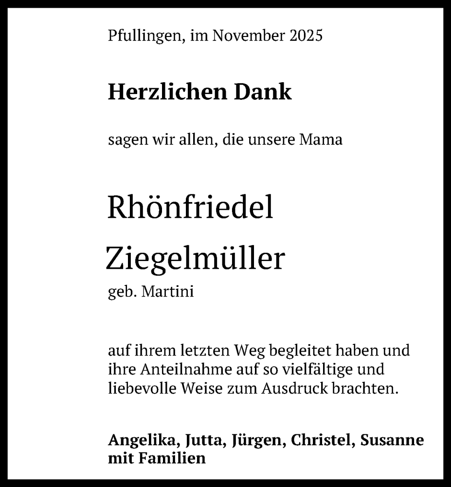  Traueranzeige für Rhönfriedel Ziegelmüller vom 08.11.2025 aus Reutlinger General-Anzeiger