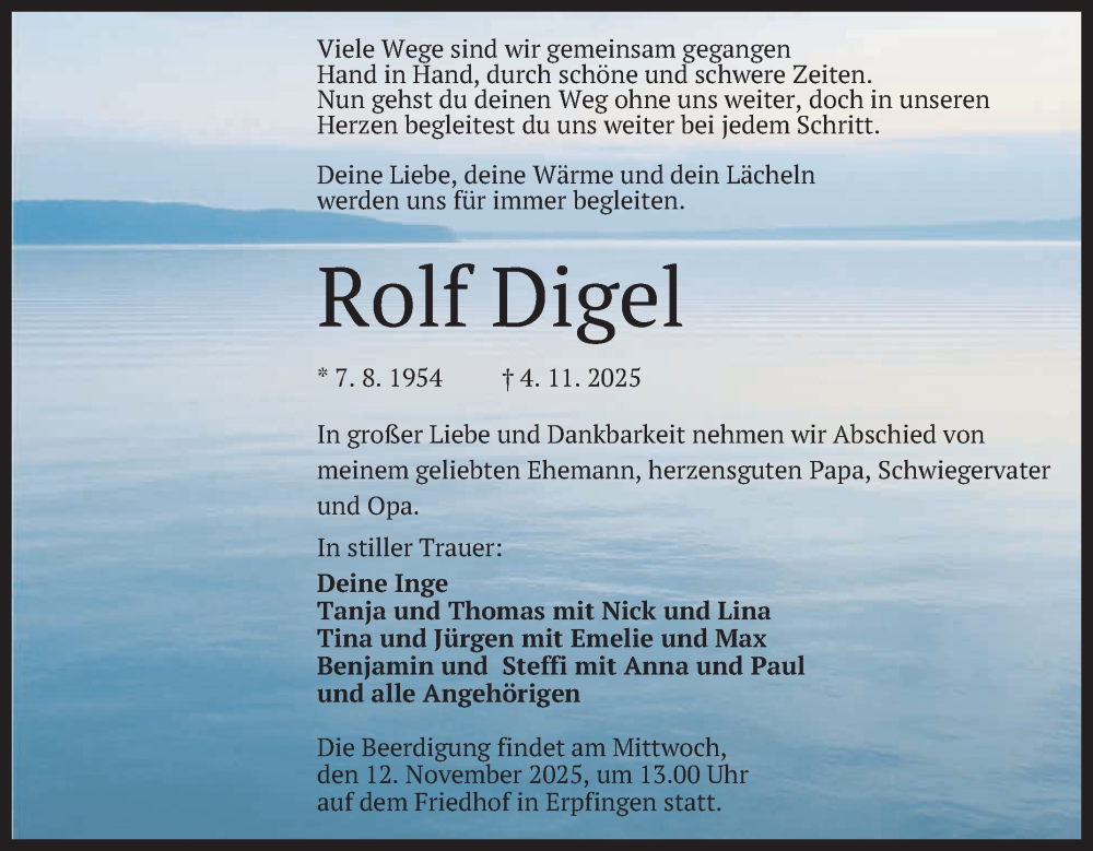  Traueranzeige für Rolf Digel vom 08.11.2025 aus Reutlinger General-Anzeiger