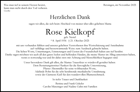 Anzeige von Rose Kielkopf von Reutlinger General-Anzeiger