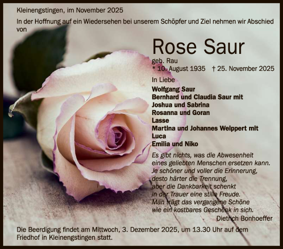 Anzeige von Rose Saur von Reutlinger General-Anzeiger