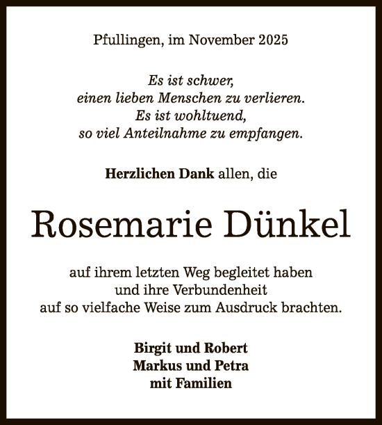 Anzeige von Rosemarie Dünkel von Reutlinger General-Anzeiger