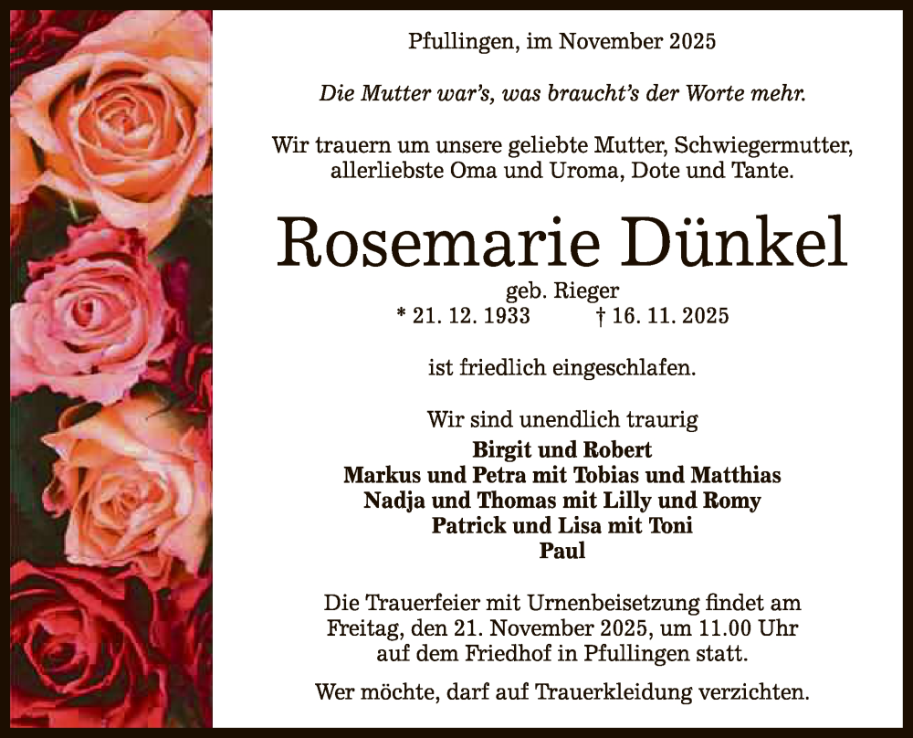  Traueranzeige für Rosemarie Dünkel vom 19.11.2025 aus Reutlinger General-Anzeiger