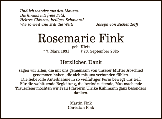 Anzeige von Rosemarie Fink von Reutlinger General-Anzeiger