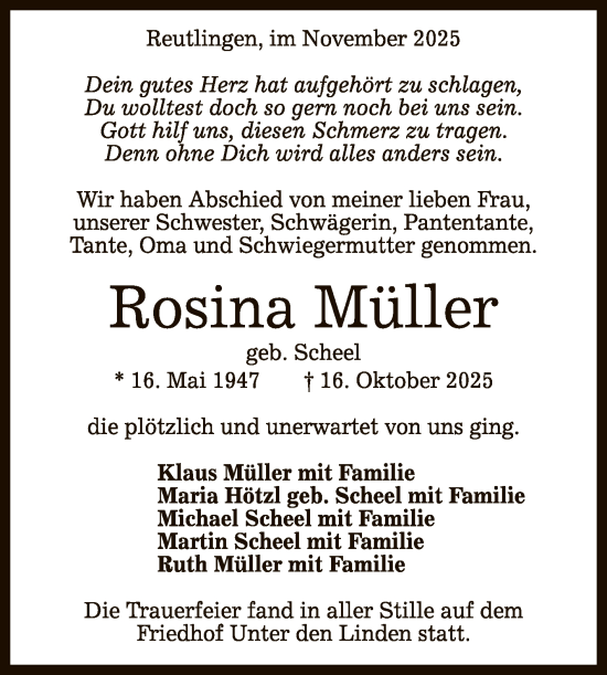 Anzeige von Rosina Müller von Reutlinger General-Anzeiger