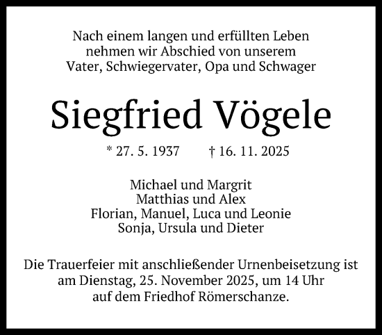 Anzeige von Siegfried Vögele von Reutlinger General-Anzeiger