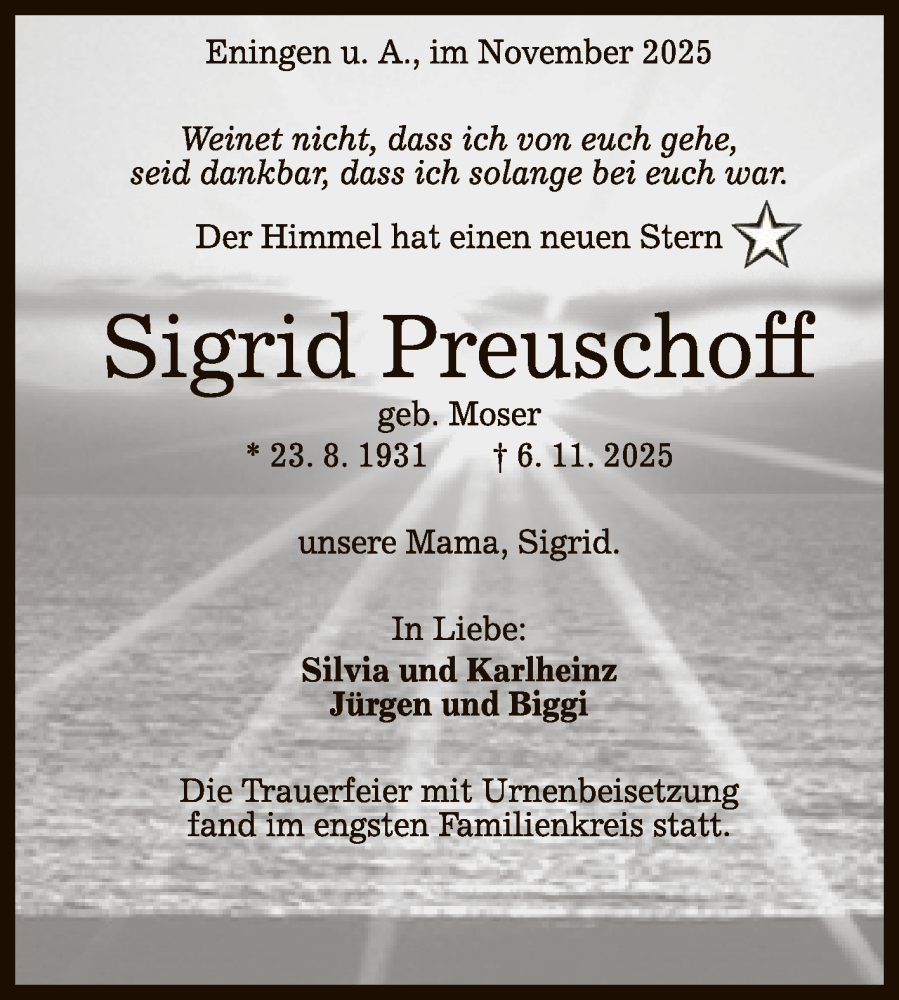  Traueranzeige für Sigrid Preuschoff vom 29.11.2025 aus Reutlinger General-Anzeiger