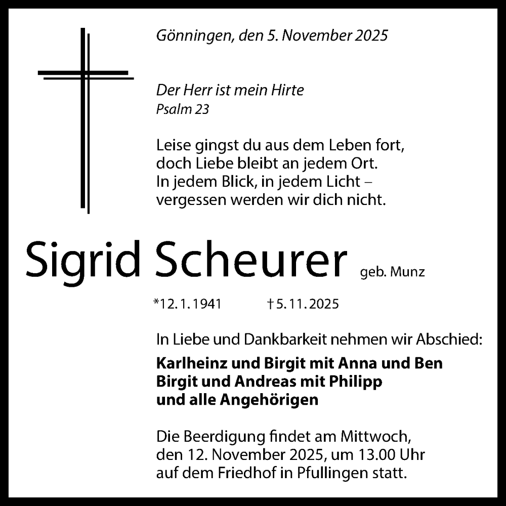  Traueranzeige für Sigrid Scheurer vom 08.11.2025 aus Reutlinger General-Anzeiger