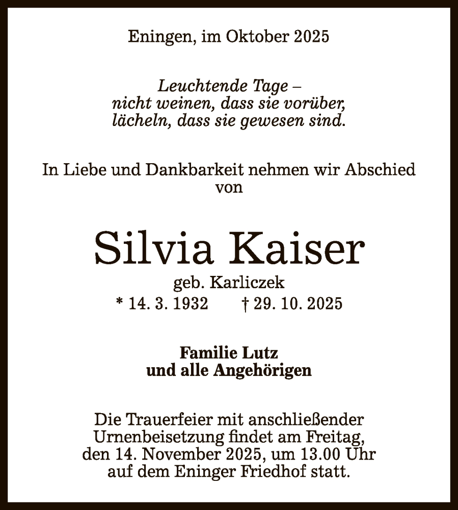  Traueranzeige für Silvia Kaiser vom 08.11.2025 aus Reutlinger General-Anzeiger