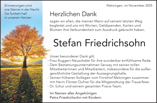 Anzeige von Stefan Friedrichsohn von Reutlinger General-Anzeiger