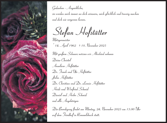 Anzeige von Stefan Hofstätter von Reutlinger General-Anzeiger