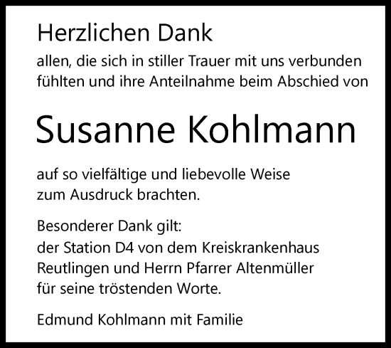 Anzeige von Susanne Kohlmann von Reutlinger General-Anzeiger