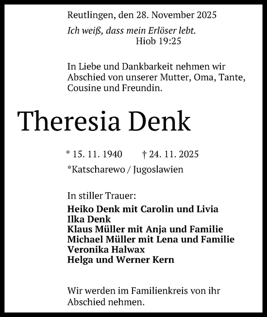 Anzeige von Theresia Denk von Reutlinger General-Anzeiger