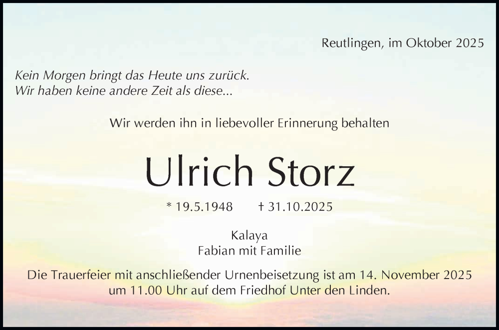  Traueranzeige für Ulrich Storz vom 08.11.2025 aus Reutlinger General-Anzeiger