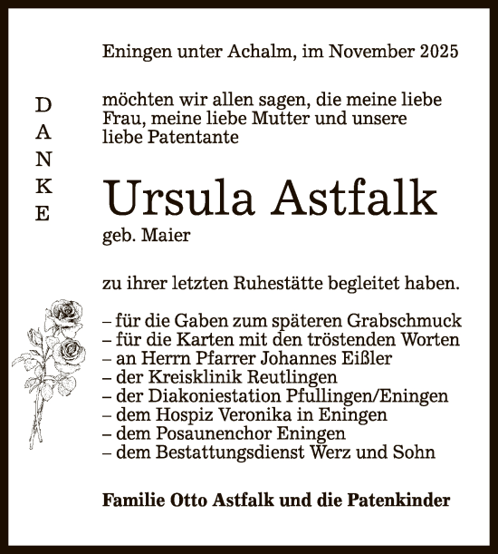 Anzeige von Ursula Astfalk von Reutlinger General-Anzeiger