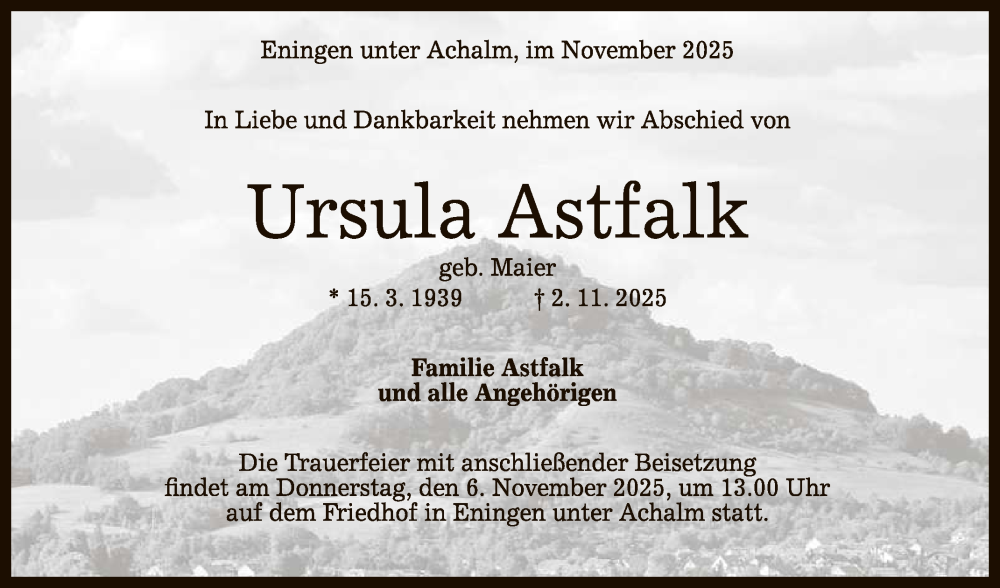  Traueranzeige für Ursula Astfalk vom 04.11.2025 aus Reutlinger General-Anzeiger