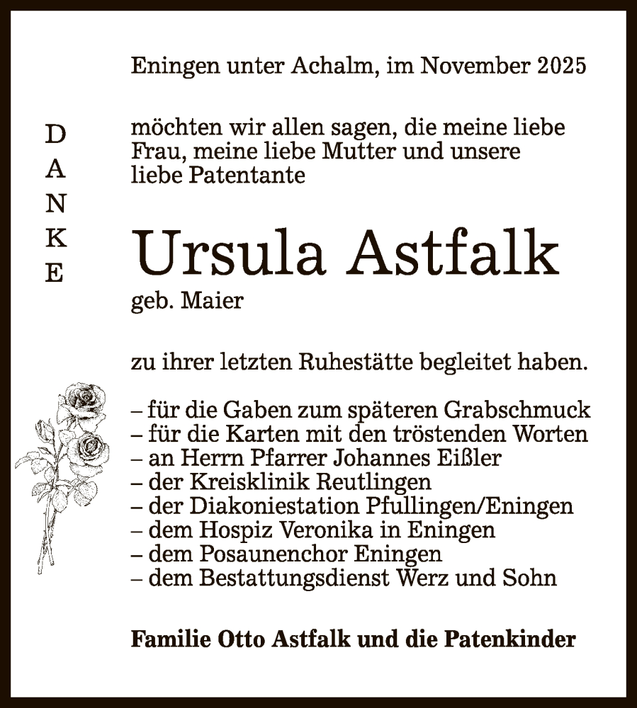  Traueranzeige für Ursula Astfalk vom 15.11.2025 aus Reutlinger General-Anzeiger