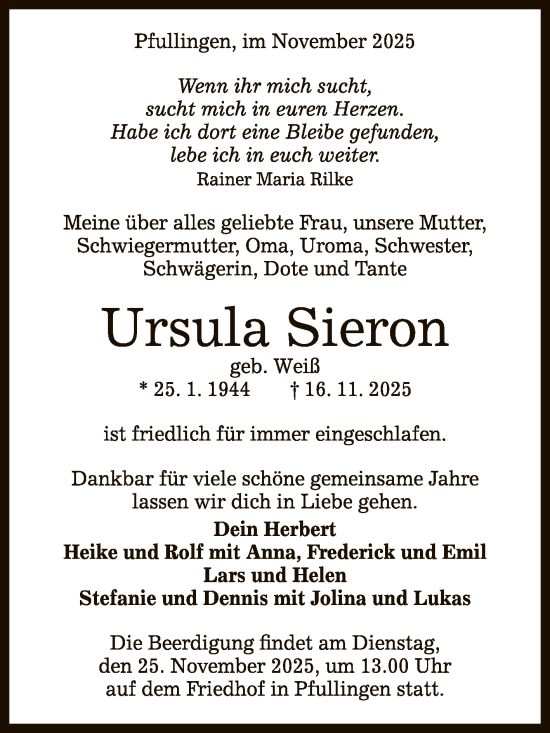 Anzeige von Ursula Sieron von Reutlinger General-Anzeiger