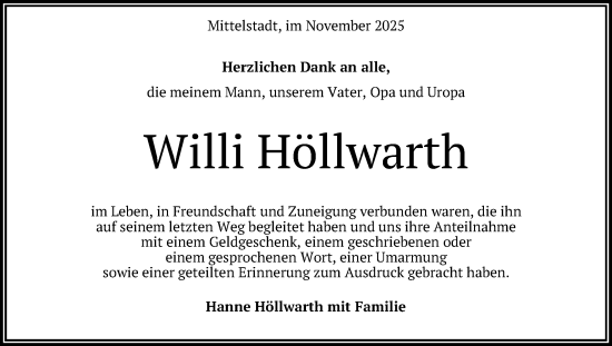 Anzeige von Willi Höllwarth von Reutlinger General-Anzeiger