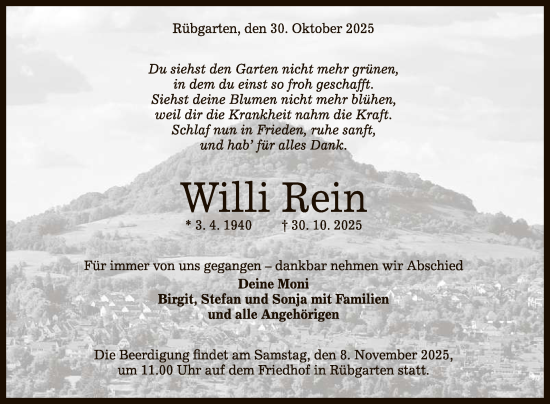 Anzeige von Willi Rein von Reutlinger General-Anzeiger