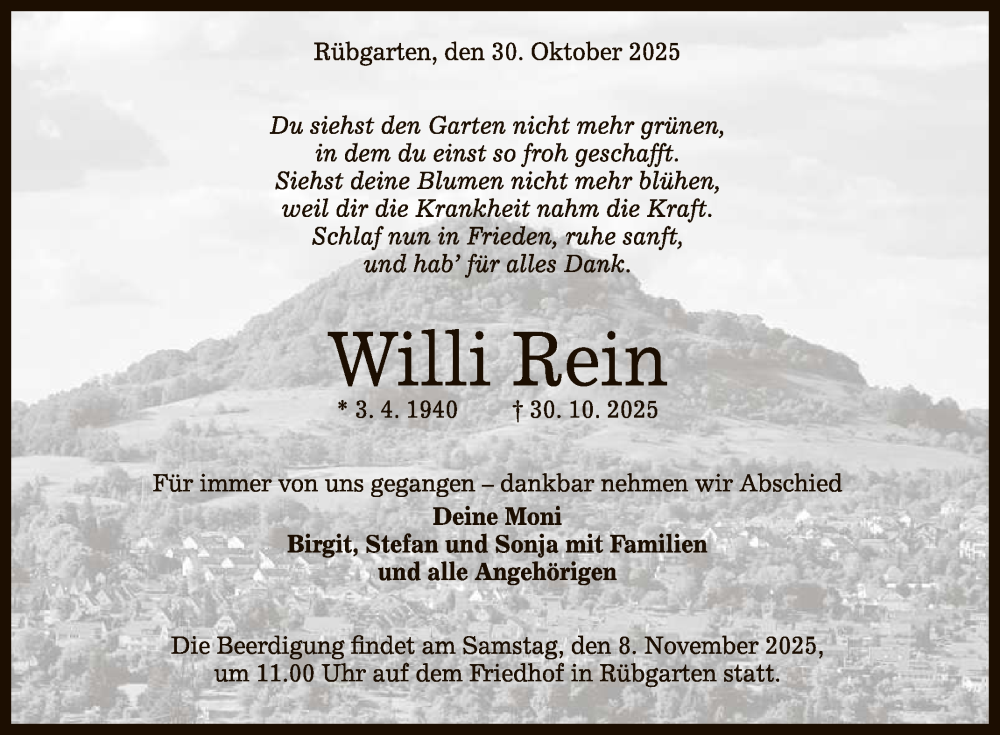  Traueranzeige für Willi Rein vom 04.11.2025 aus Reutlinger General-Anzeiger