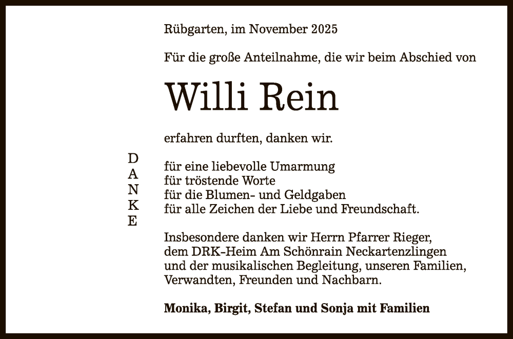  Traueranzeige für Willi Rein vom 21.11.2025 aus Reutlinger General-Anzeiger