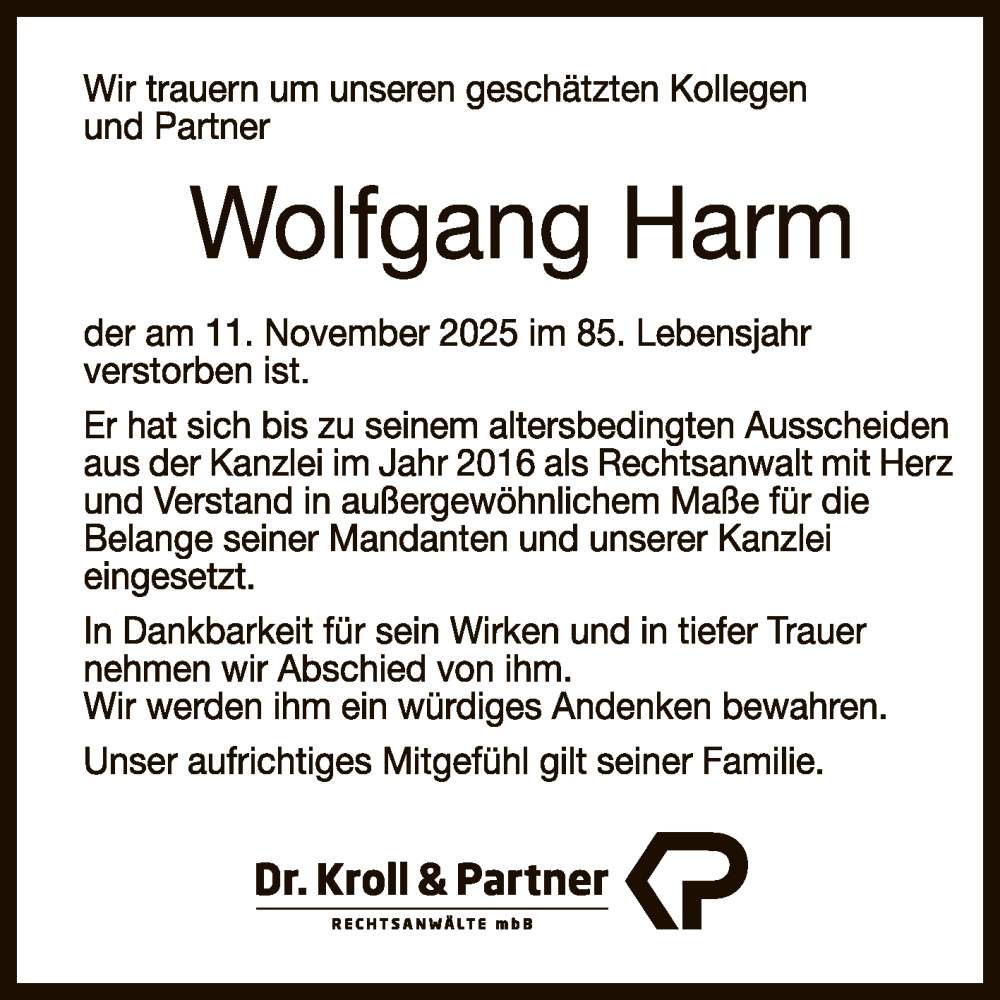  Traueranzeige für Wolfgang Harm vom 19.11.2025 aus Reutlinger General-Anzeiger