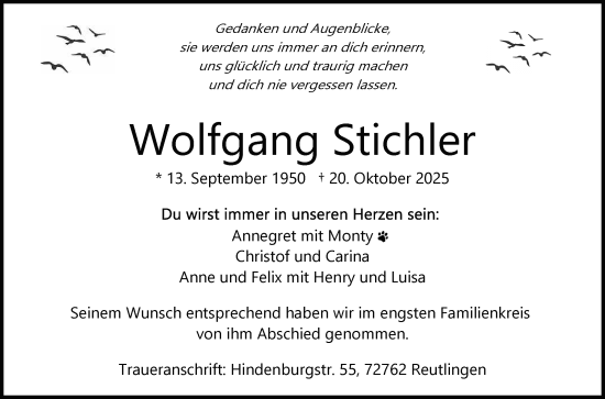 Anzeige von Wolfgang Stichler von Reutlinger General-Anzeiger
