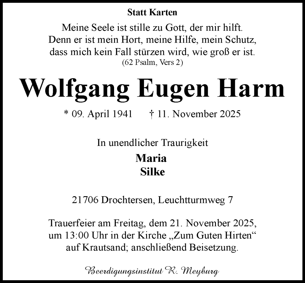  Traueranzeige für Wolfgang Eugen Harm vom 15.11.2025 aus Reutlinger General-Anzeiger