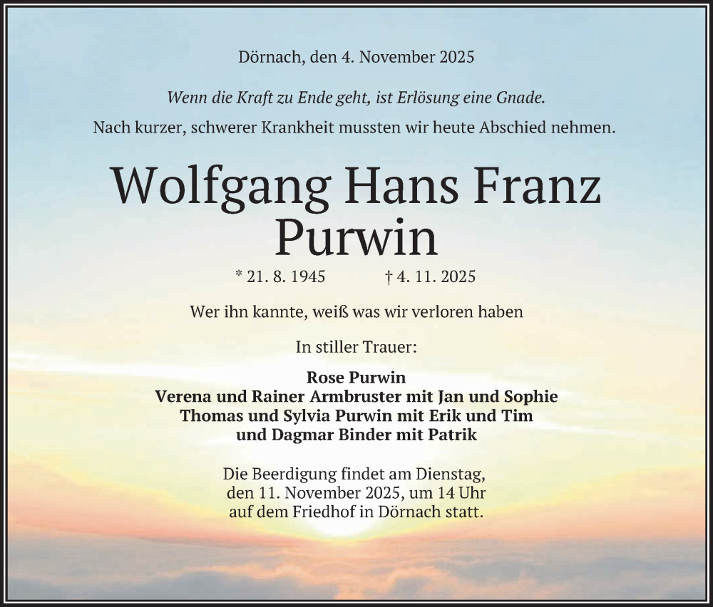  Traueranzeige für Wolfgang Hans Franz Purwin vom 08.11.2025 aus Reutlinger General-Anzeiger