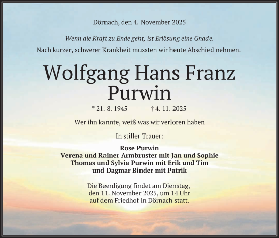 Anzeige von Wolfgang Hans Franz Purwin von Reutlinger General-Anzeiger