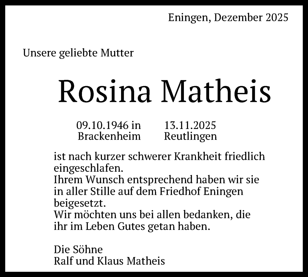  Traueranzeige für Rosina Matheis vom 17.12.2025 aus GEA 