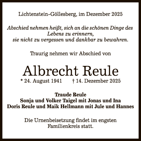 Anzeige von Albrecht Reule von Reutlinger General-Anzeiger