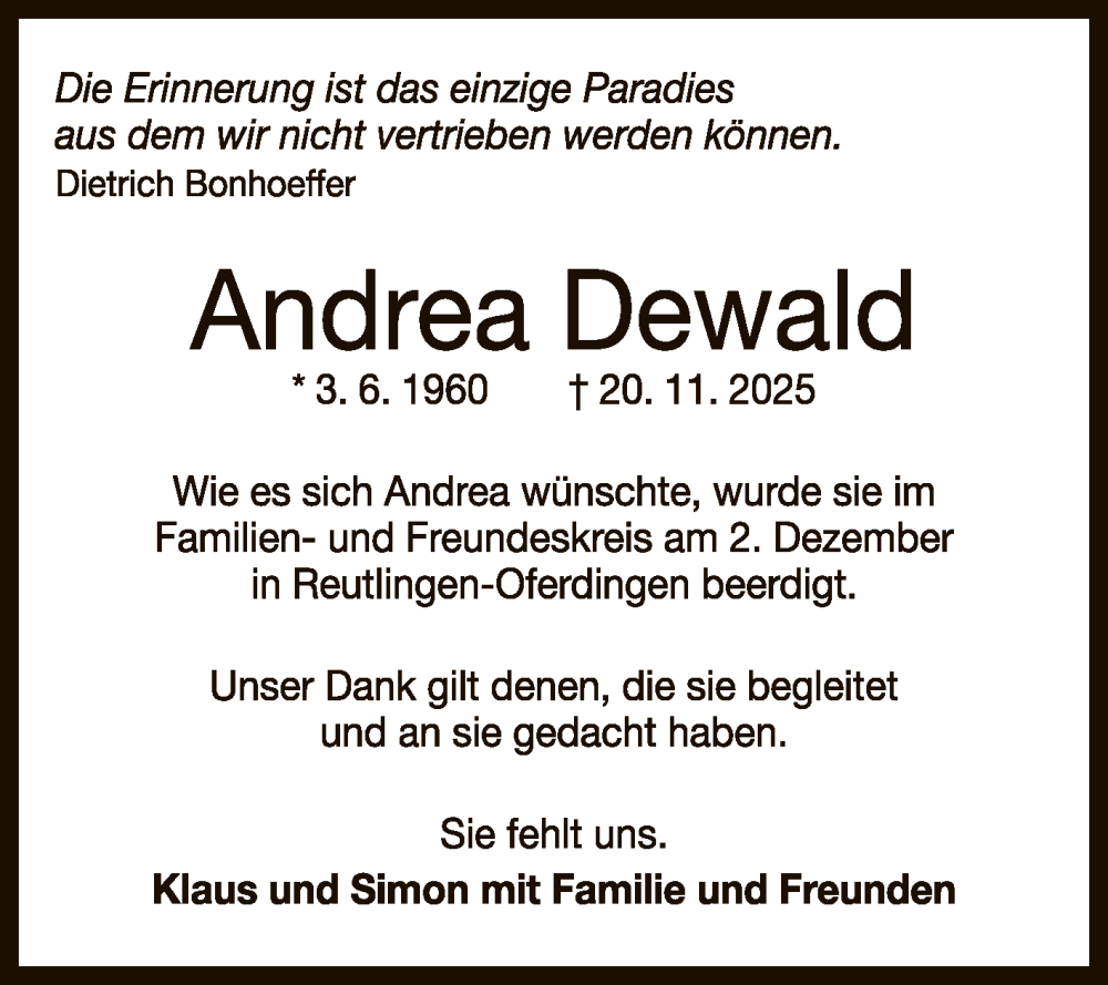  Traueranzeige für Andrea Dewald vom 05.12.2025 aus Reutlinger General-Anzeiger