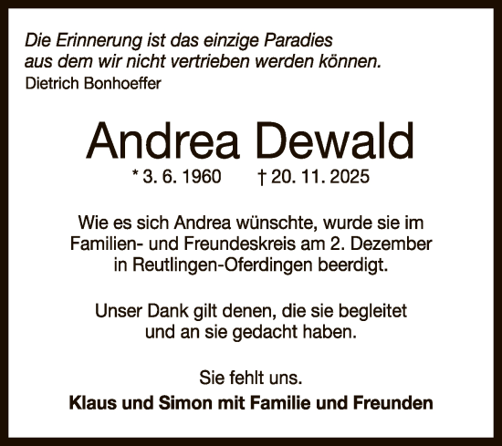 Anzeige von Andrea Dewald von Reutlinger General-Anzeiger