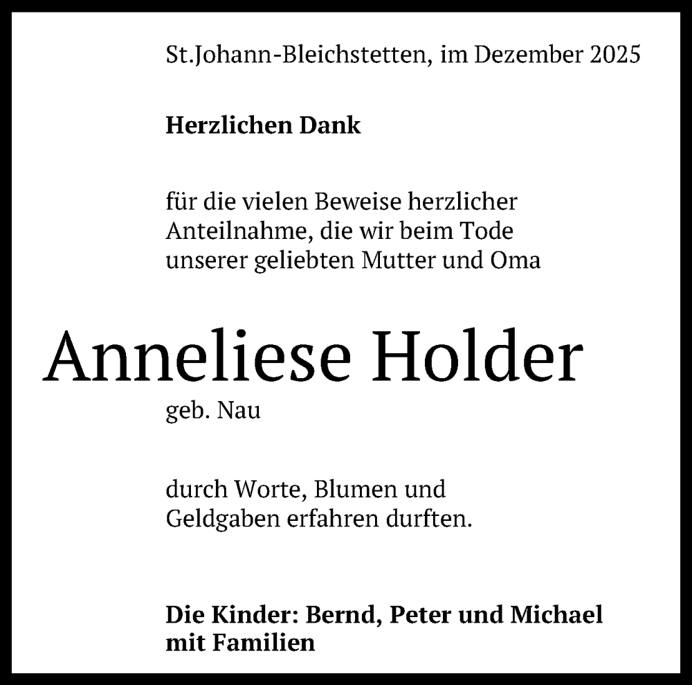  Traueranzeige für Anneliese Holder vom 06.12.2025 aus Reutlinger General-Anzeiger