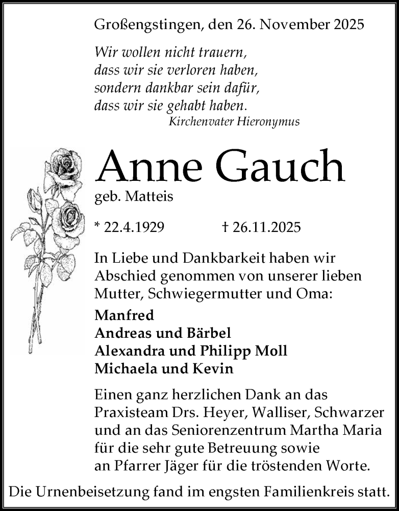  Traueranzeige für Anne Gauch vom 18.12.2025 aus GEA 