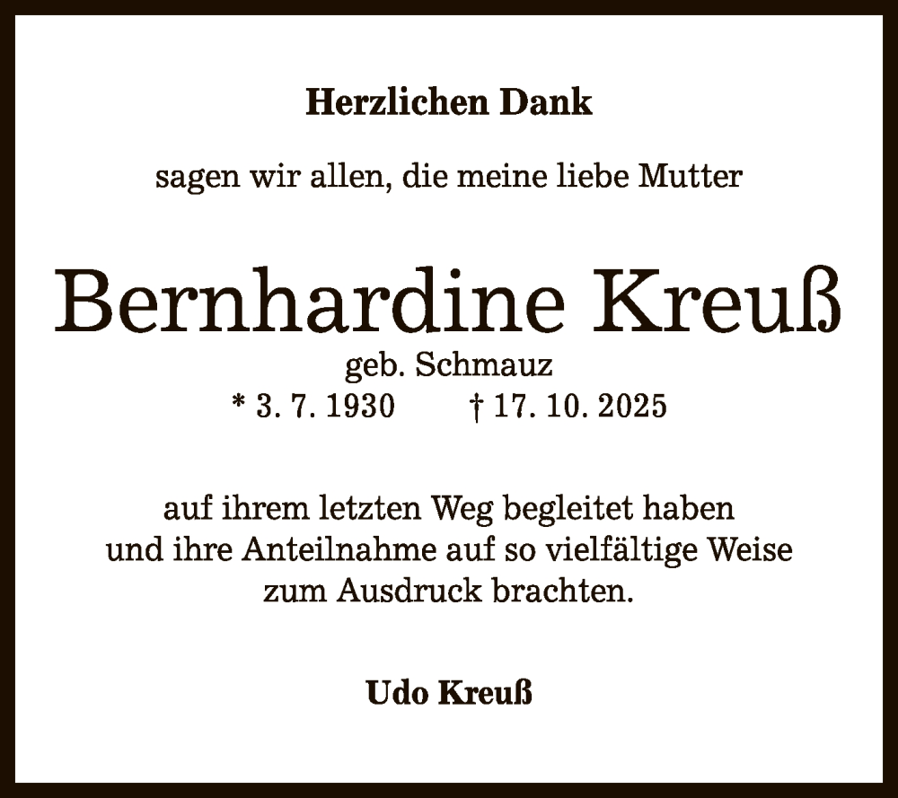  Traueranzeige für Bernhardine Kreuß vom 06.12.2025 aus Reutlinger General-Anzeiger