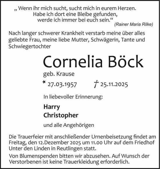 Anzeige von Cornelia Böck von Reutlinger General-Anzeiger